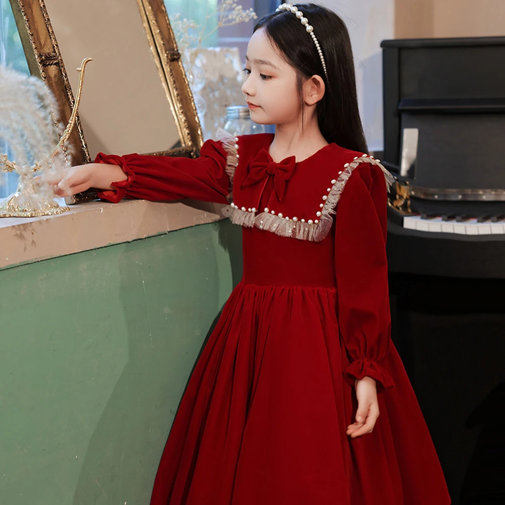 Robe de princesse en velours rouge pour filles, volants, col marin, manchette élastique, ligne A solide, robes de performance de piano, robe de demoiselle d'honneur, 3-8T