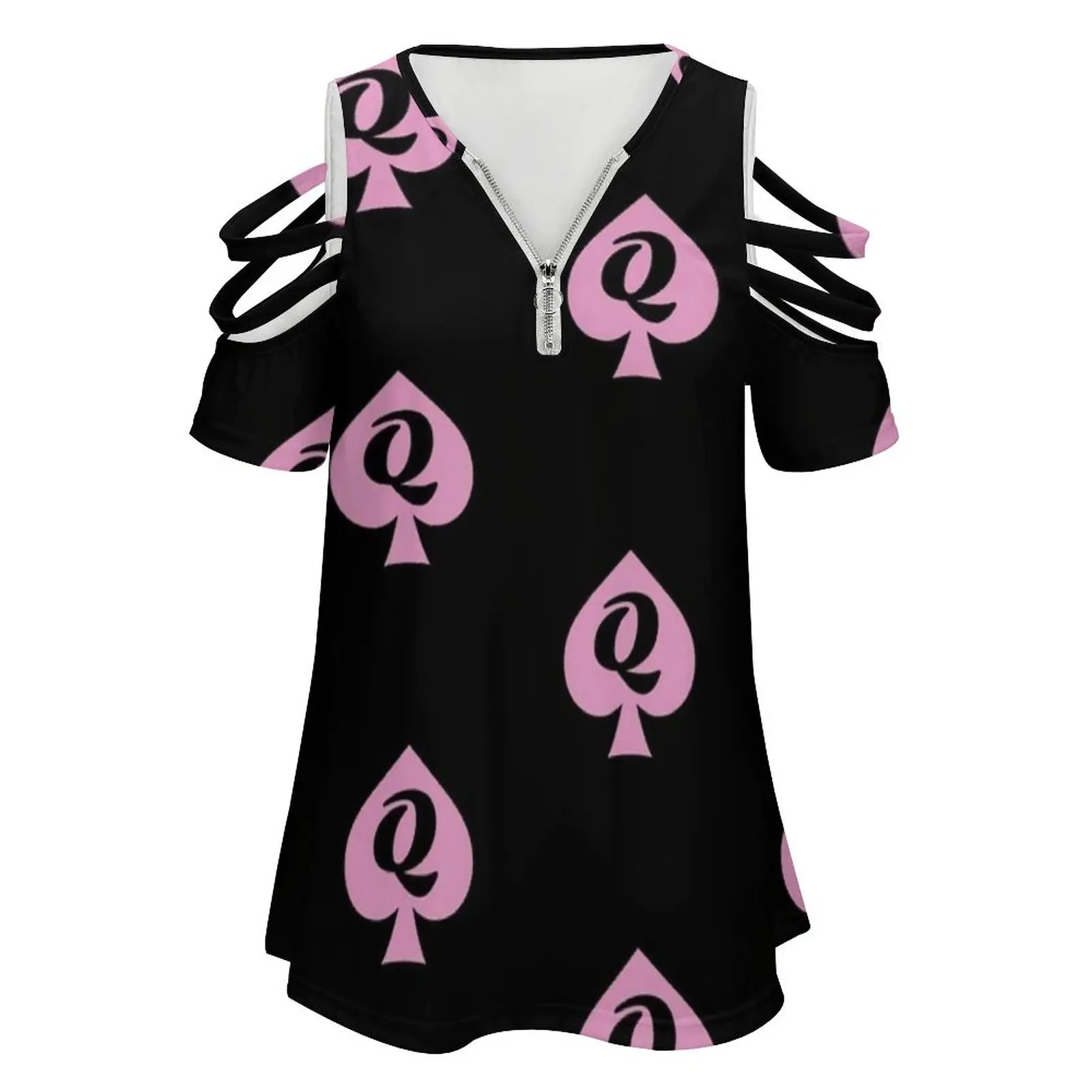 Queen Of Spades Pink And Black Women\'S T-Shirt Summer Fashion Print Floral V-Neck Zipper Tshirt Hollow Pullover Ladies Top Qos