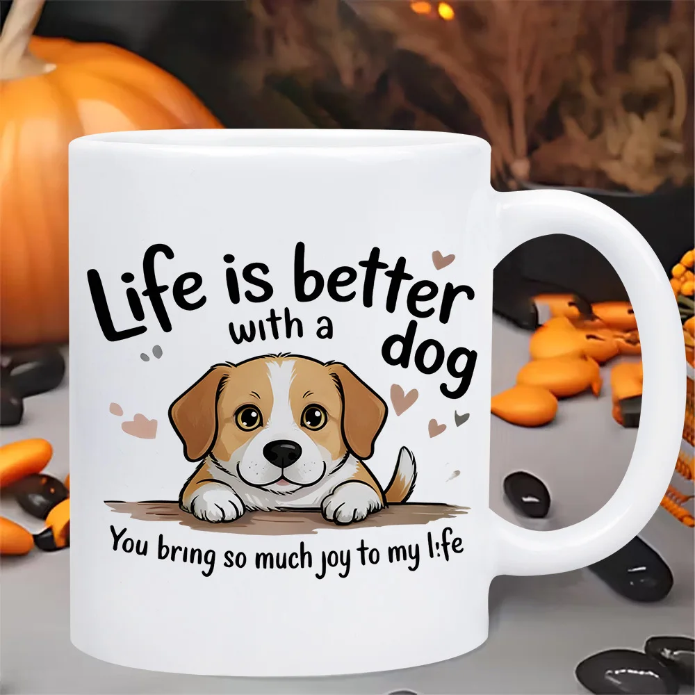 1pc 11oz Ceramic Cute Dog Design Coffee Mug - White Base Cup with Adorable Puppy & Floating Hearts Pattern,