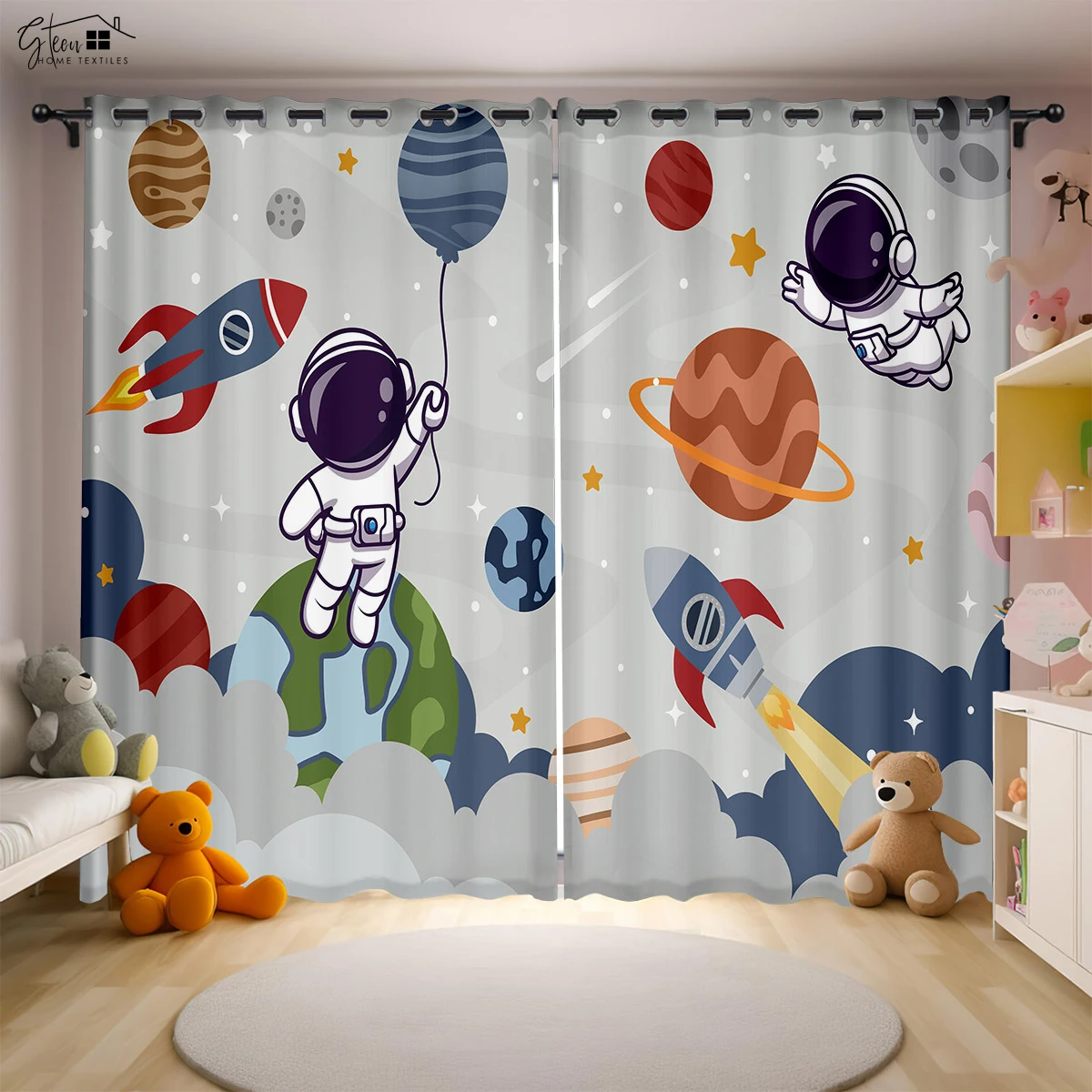 Cartoon Aerospace 3D Printing Curtains Astronaut Spaceman Spaceship Rocket Moon Planet Bedroom Children's Room Curtains 2PCS