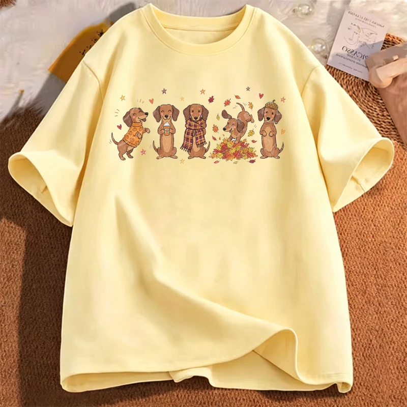 Fall Dachshund Printed Men's T-Shirts Cute Wiener Dog Tshirts Cozy Autumn Dog Mom Tee Shirts Doxie Dog Owner Design Shirt Tops