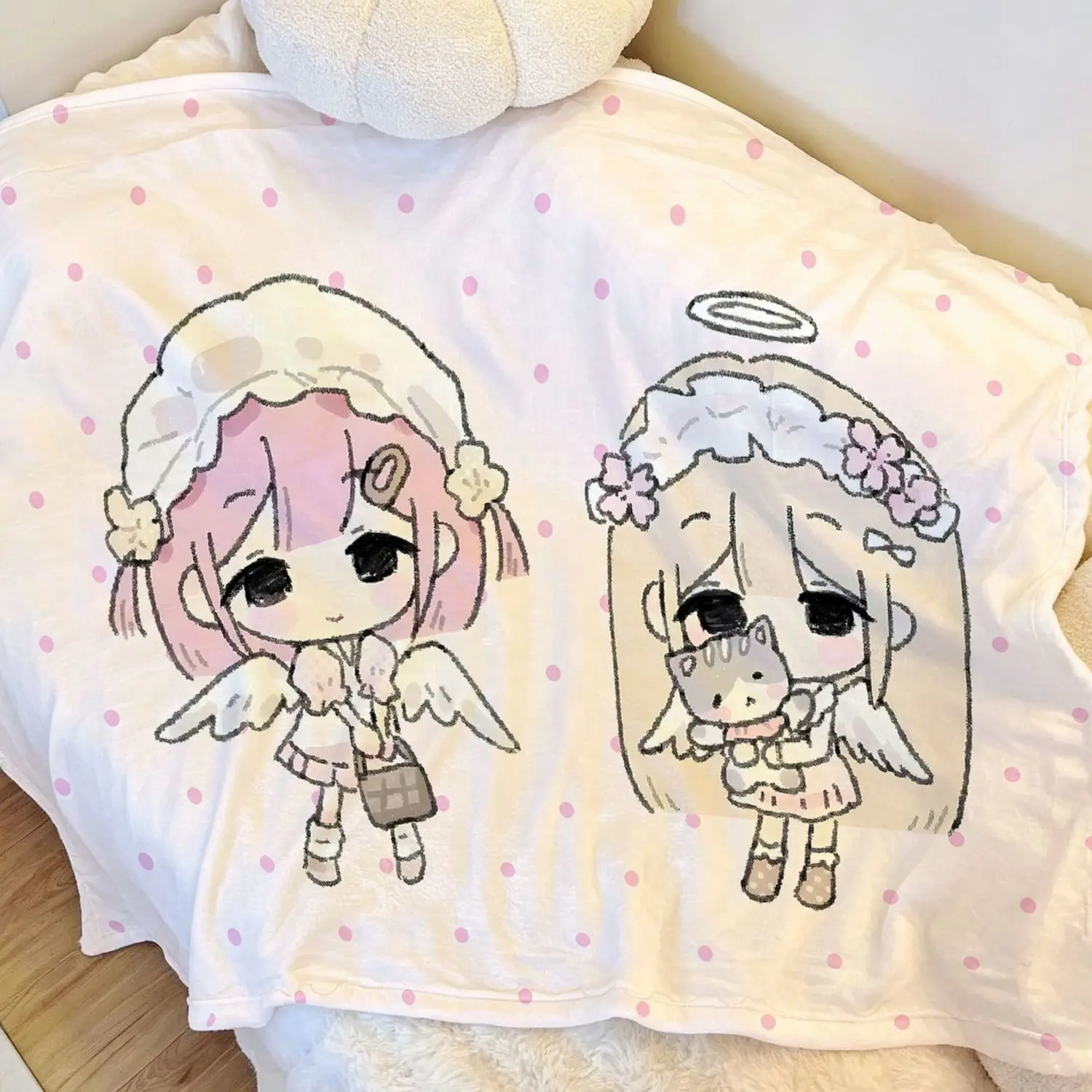 JP Q Version Maid Angel Girl Flannel Throw Blanket,IG Pink Small Polka Dot Cover Blanket, Nap Blanket for Student Dorm Bedroom