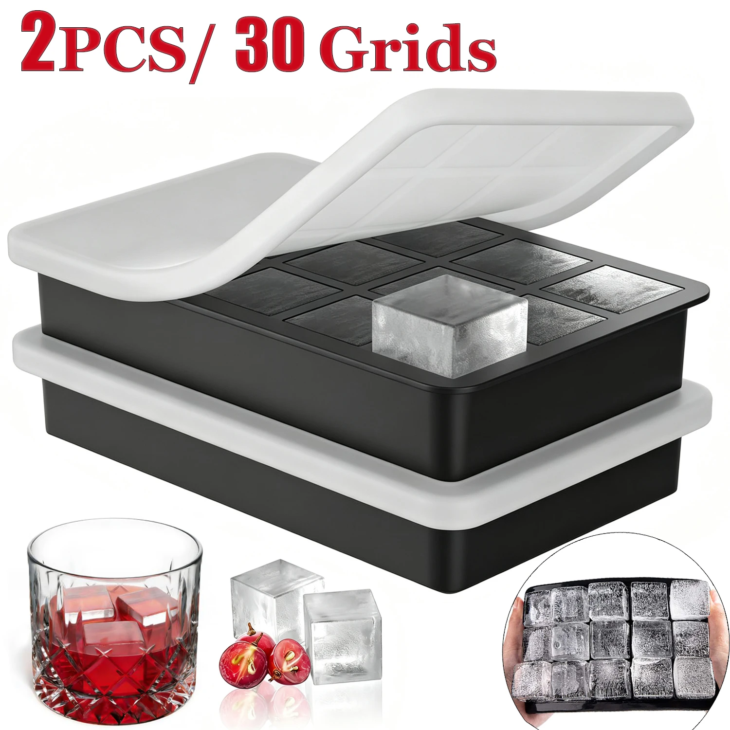 Bac à glaçons 15 compartiments en silicone 100 % alimentaire, moules à glaçons flexibles à démoulage facile avec couvercle pour whisky et cocktails