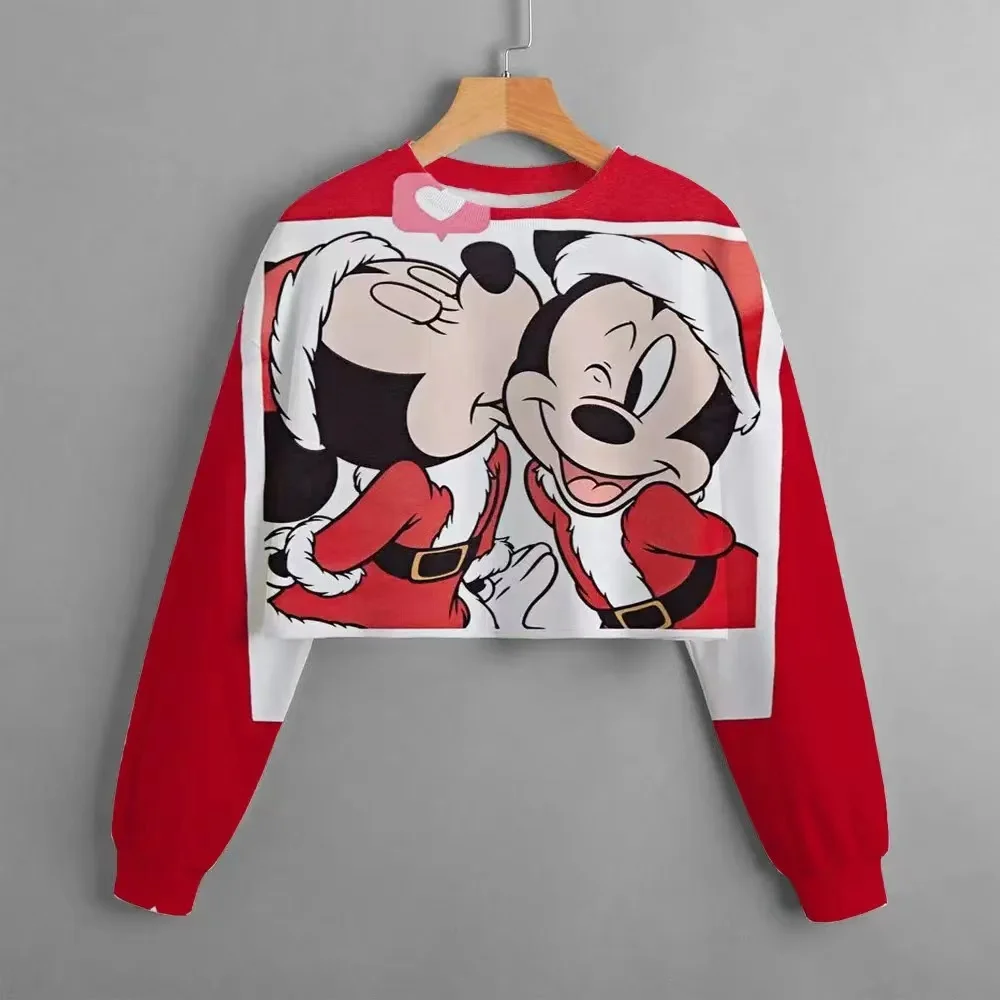 2024 Christmas Classic Disney Children\'s Clothing Mickey Mouse Print Girls Short Hoodie Sweater Casual Comfortable And Cute Top