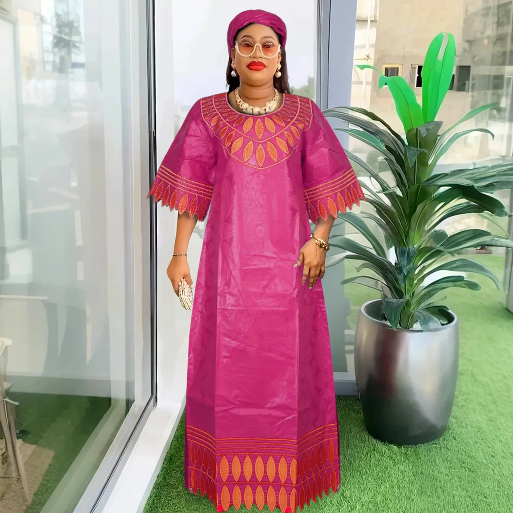 H&D New African Dresses For Women Embroidery Bazin Floral Boho Dresses Ankara Rich Long Robes Nigeria Party Wedding Ramadan