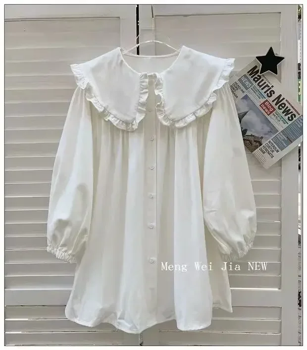 Damenhemden, einfarbig, mit langen Puffärmeln, Peter-Pan-Kragen, koreanischer Stil, modische Oberteile, Retro-Damenbluse, schlicht, lässig, vielseitig kombinierbar. – Detail 16