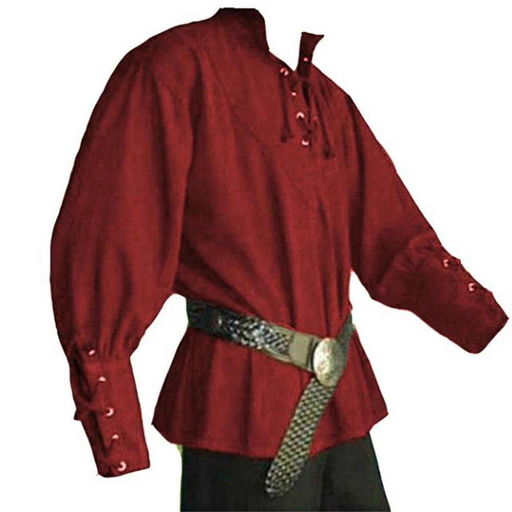 Mens Lace Up Ruffle Tops Sand Collar Shirt Dress UP Tops Medieval Shirts Poet's Renaissance Costume Viking Pirate Captain