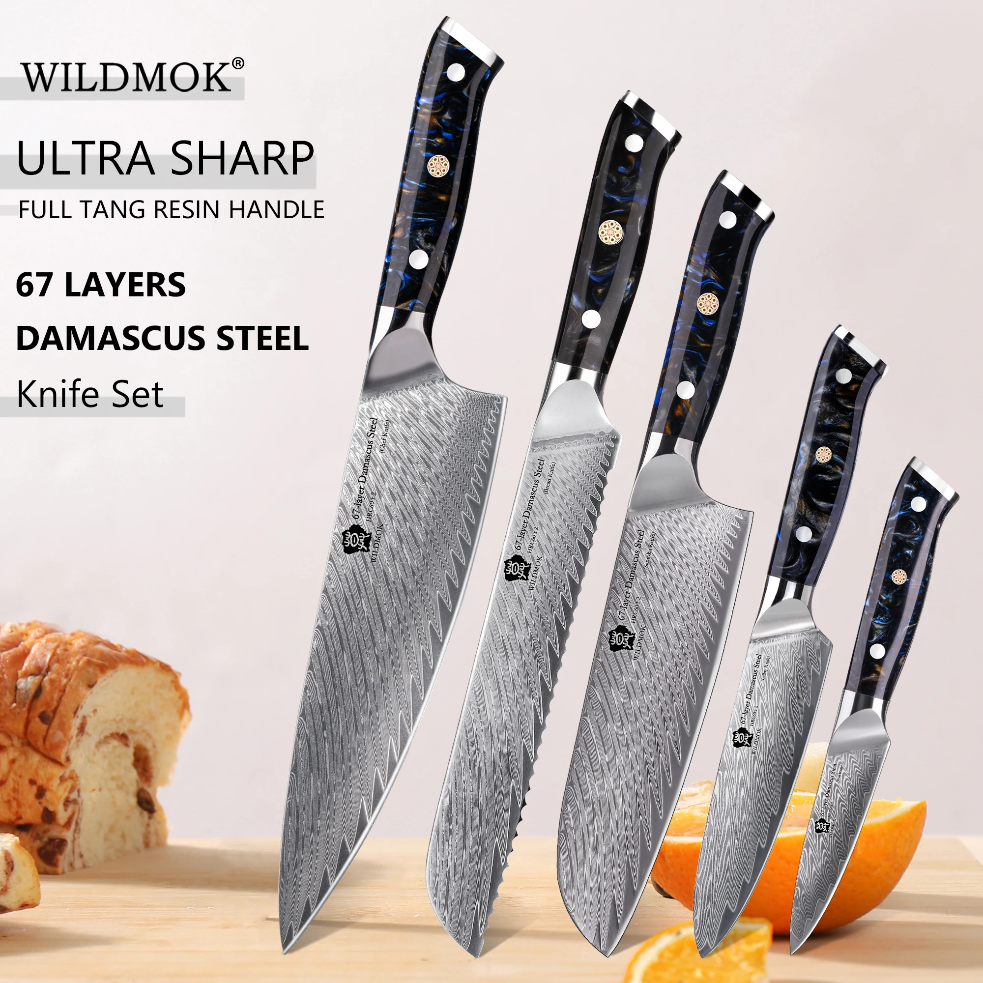 WILDMOK 5 PCS Kitchen Knife Set, High Hardness 67 Layer VG10 Damascus Steel, Premium Solid Resin Handle For Cooking Enthusiasts
