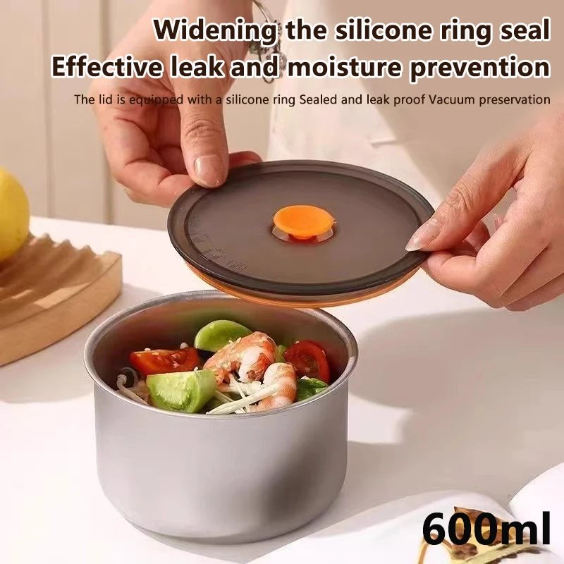 Stainless Steel Round Fresh-keeping Bowl With Lid Kitchen Storage Food Preservation Sealed Case Portable 600ml Camping Bento Box