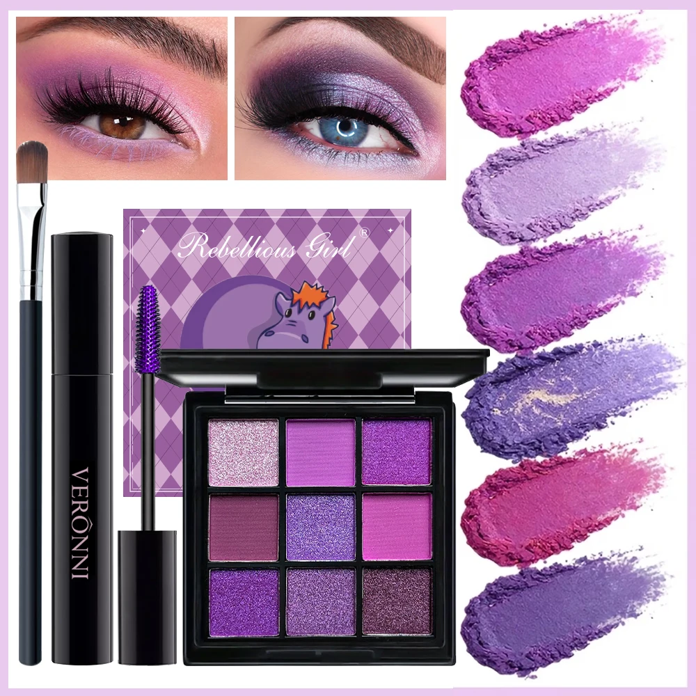 9 Shades Purple Eyeshadow Palette Kit Purple Waterproof Mascara with 1 Eyeshadow Brush Party Festival Eye Makeup Set