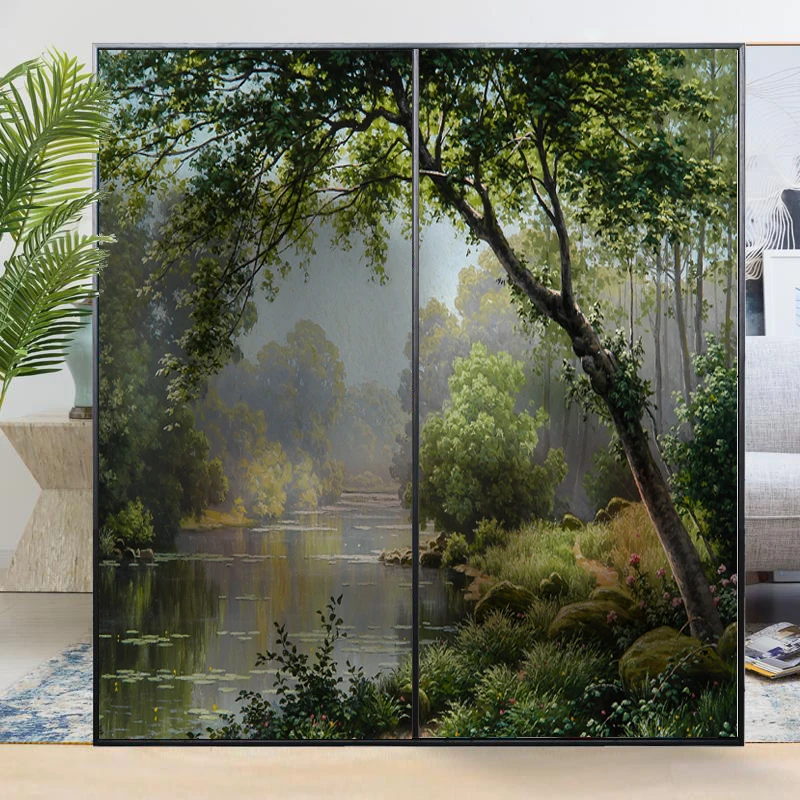 

Privacy Windows Film Decorative Forest Creek Painting Stained Glass Window Stickers No Glue Static Cling Frosted Window Cling