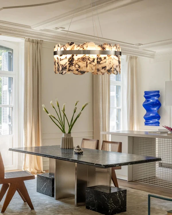 REVEN Modern Geometric Chandelier Suspended Dimmable Rectangular Luster Ceiling Light Marble Hardware for Dining Room