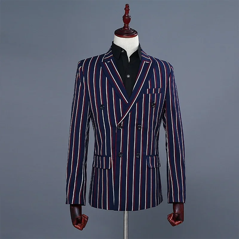 Suits Men Singer Stage Show Groom Suit Dress Mens Casual Prom for Blue Stripes Slim Fit Clothing Two Piece Set Coat Pants