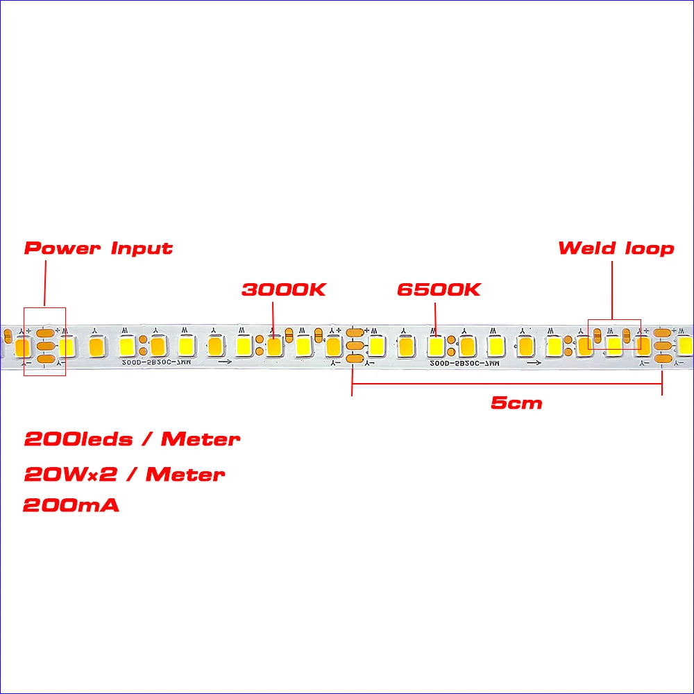 Sorot 5Meter Strip 5B10C × 2 200mA SANAN Chip arus konstan LED Strip 20W × 2/Meter 3 warna bekerja dengan LED Driver