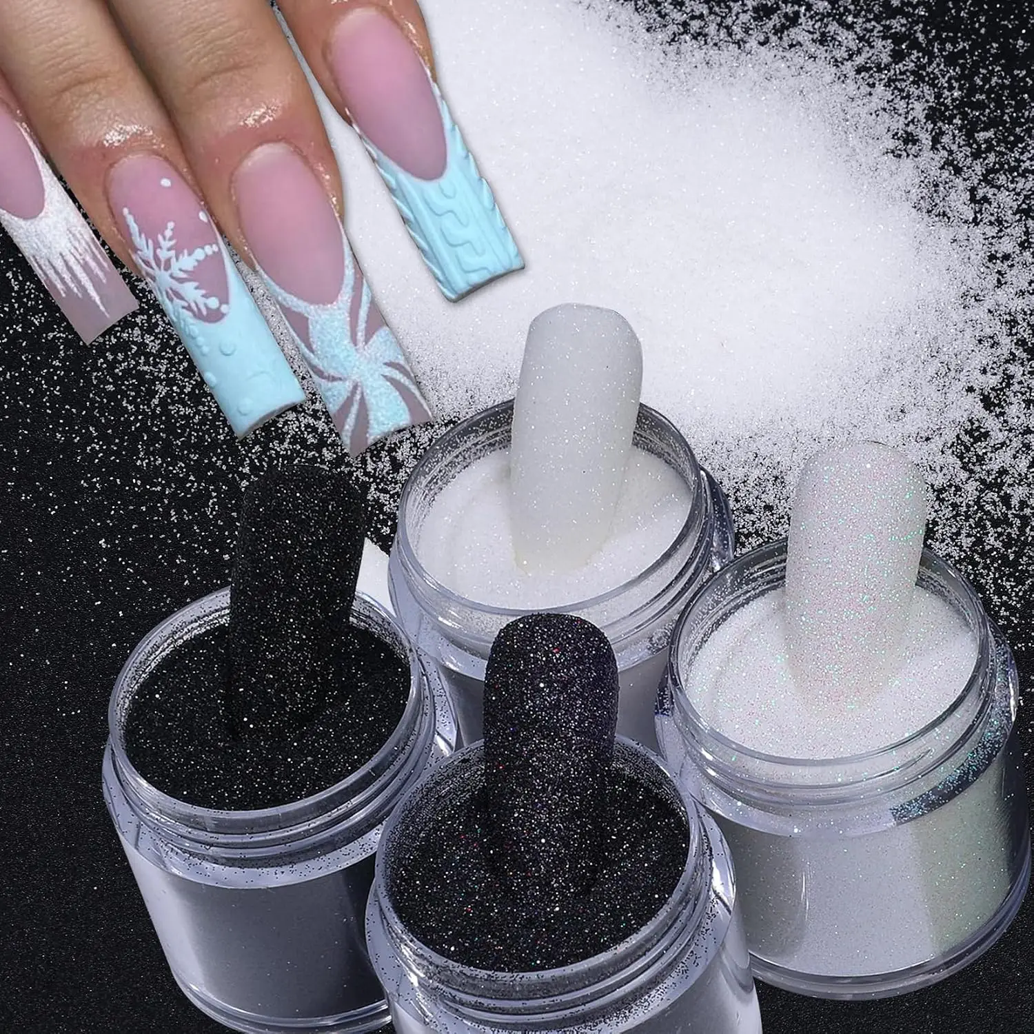 4pcs Sugar Glitter Nail Powder Set White Black Candy Coat Effect Fine Dipping Shiny Shimmer Pigment for Manicure Supplies