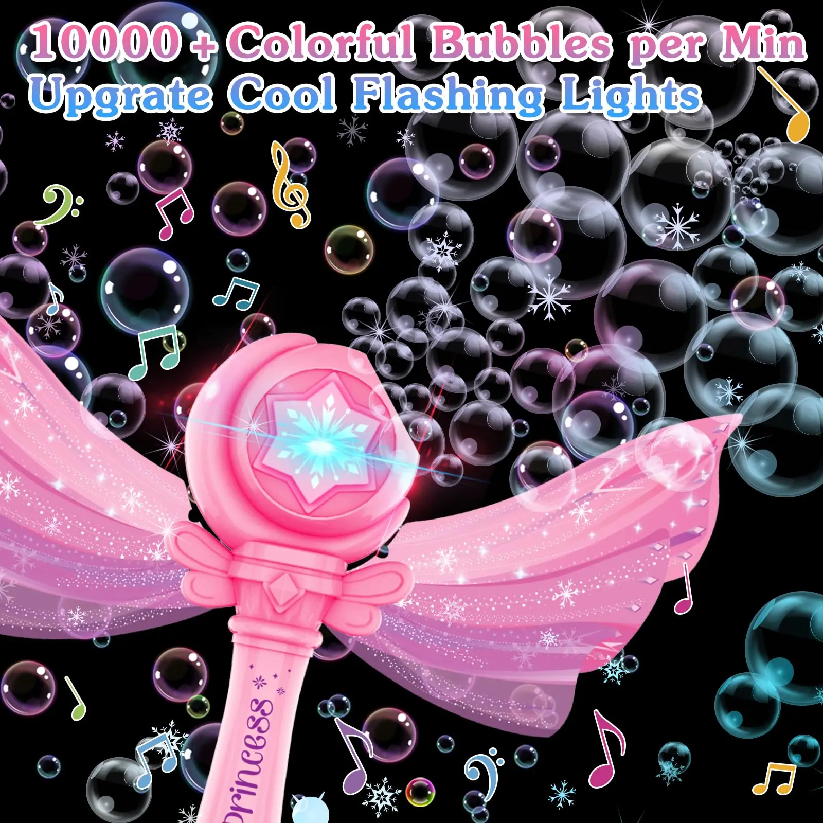 Varita de burbujas Snow Princess con luces LED y música, 2 modos, a prueba de fugas, perfecta para fiestas infantiles, diversión al aire libre y regalos