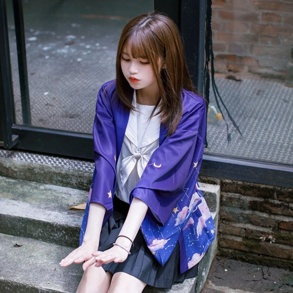 جديد فضفاض الأرجواني Kawaii القطط طباعة اليابانية الشارع الشهير سترة النساء الرجال Harajuku Haori كيمونو تأثيري بلوزة يوكاتا