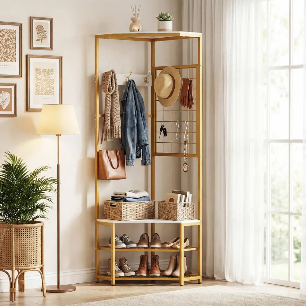Corner Hall Tree Freestanding Coat Rack With Storage Shelves Removable HooksWhite view 3
