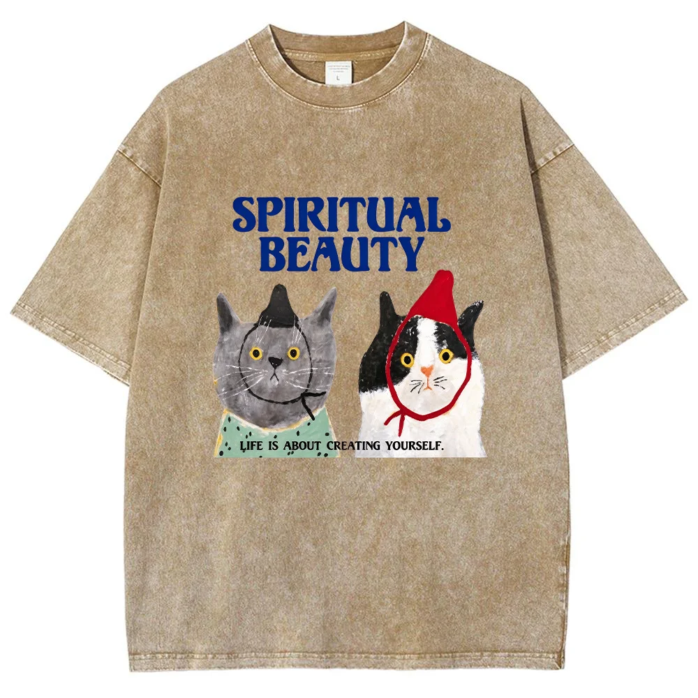 Spiritual Beauty Cat Print Short Sleeve T-shirt Vintage Wash Slogan Graphic Tee Summer Top Unisex Streetwear Fashion Casual