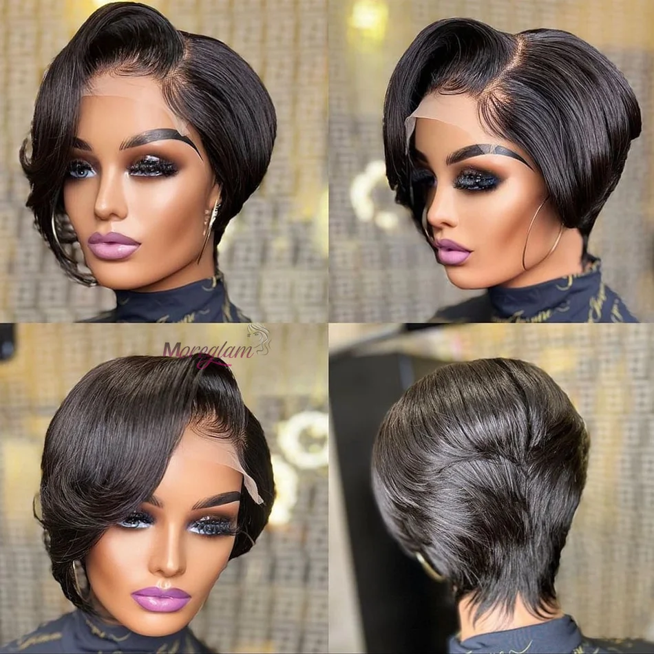 Short Bob Pixie Cut Wig Remy Straight Brazilian Human Hair Sale Transparent T Part Lace Bob Wigs For Women Pre Plucked Blond Wig