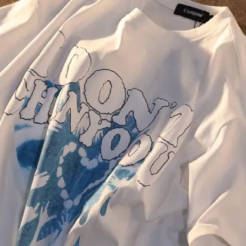 تي شيرت المرأة الكرتون الحب قصيرة الأكمام الجولة الرقبة تي شيرت المرأة شارع العليا فضفاض عادية الهيب هوب قميص المعتاد خمر نمط