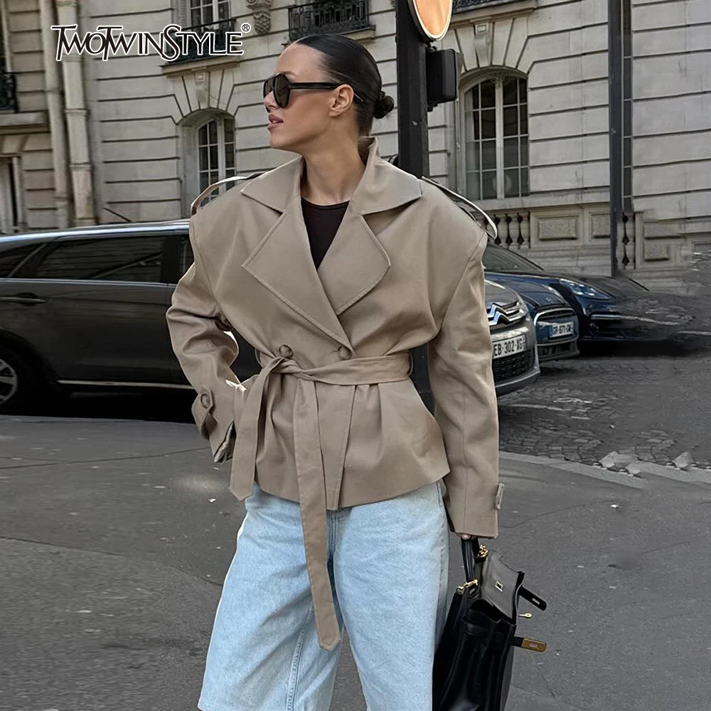 

TWOTWINSTYLE Casual Solid Belt Trench For Women Lapel Long Sleeve Temperament Short Jackets Female Fashion Autumn Style