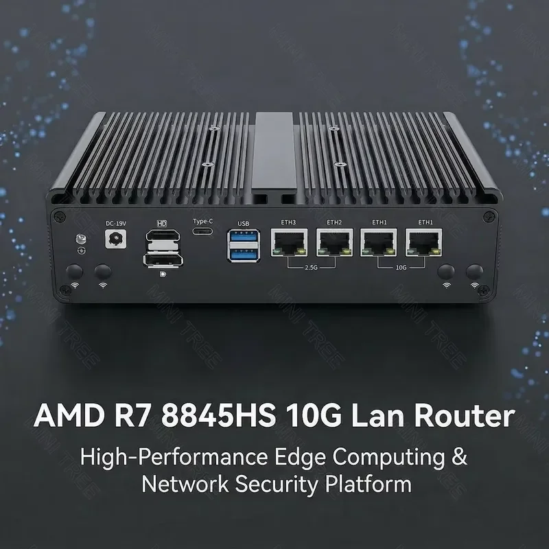 Fanless Mini PC Industrial Server R7 8845HS R5 7640HS 10G 2.5G Soft Router 4xM.2 NVMe SSD Edge Computing AI Gateway