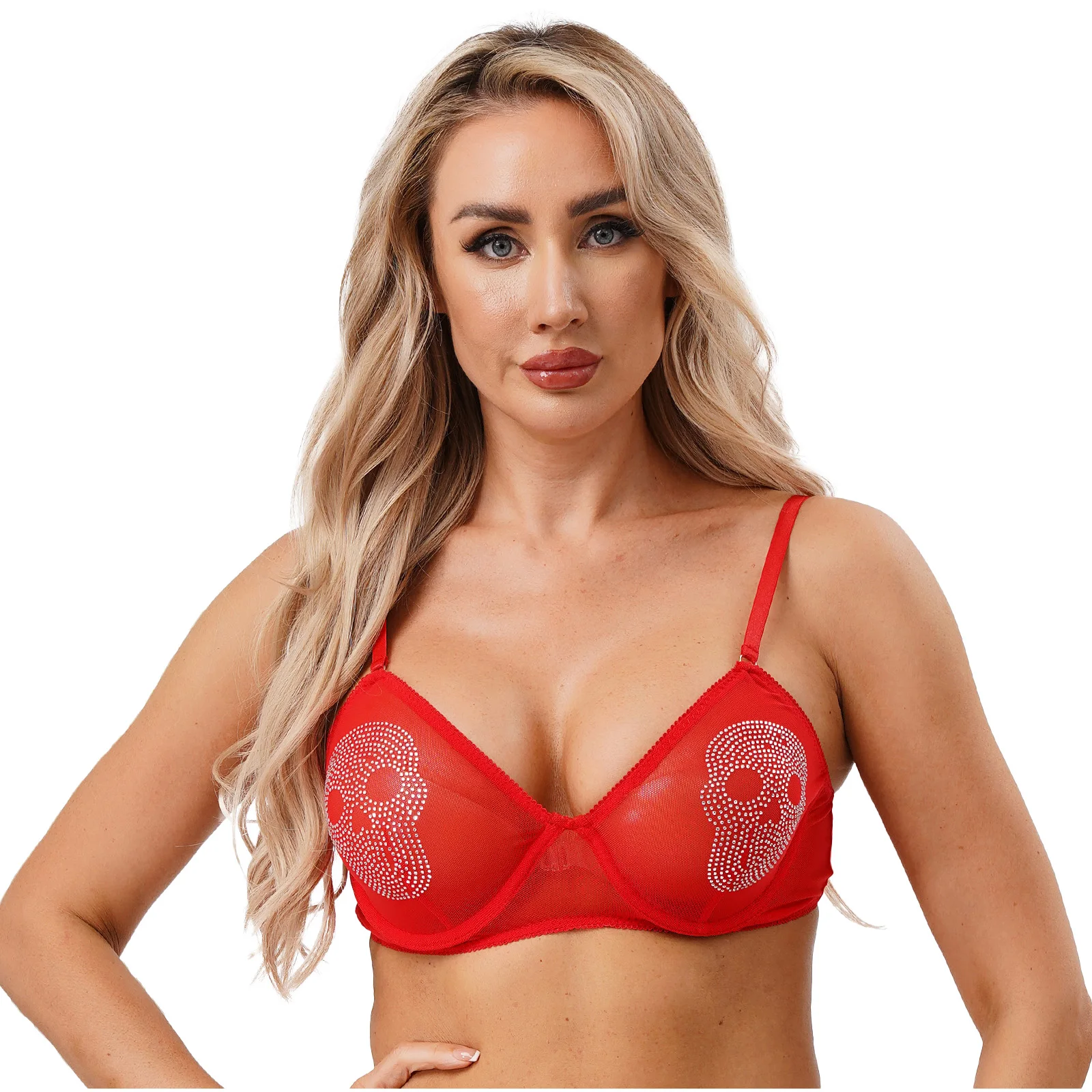 

Женский сексуальный красный бюстгальтер, топы из прозрачной сетки с черепом и стразами, прозрачный бюстгальтер для взрослых с полной чашкой, пикантная повседневная одежда, нижнее белье, бюстгальтер