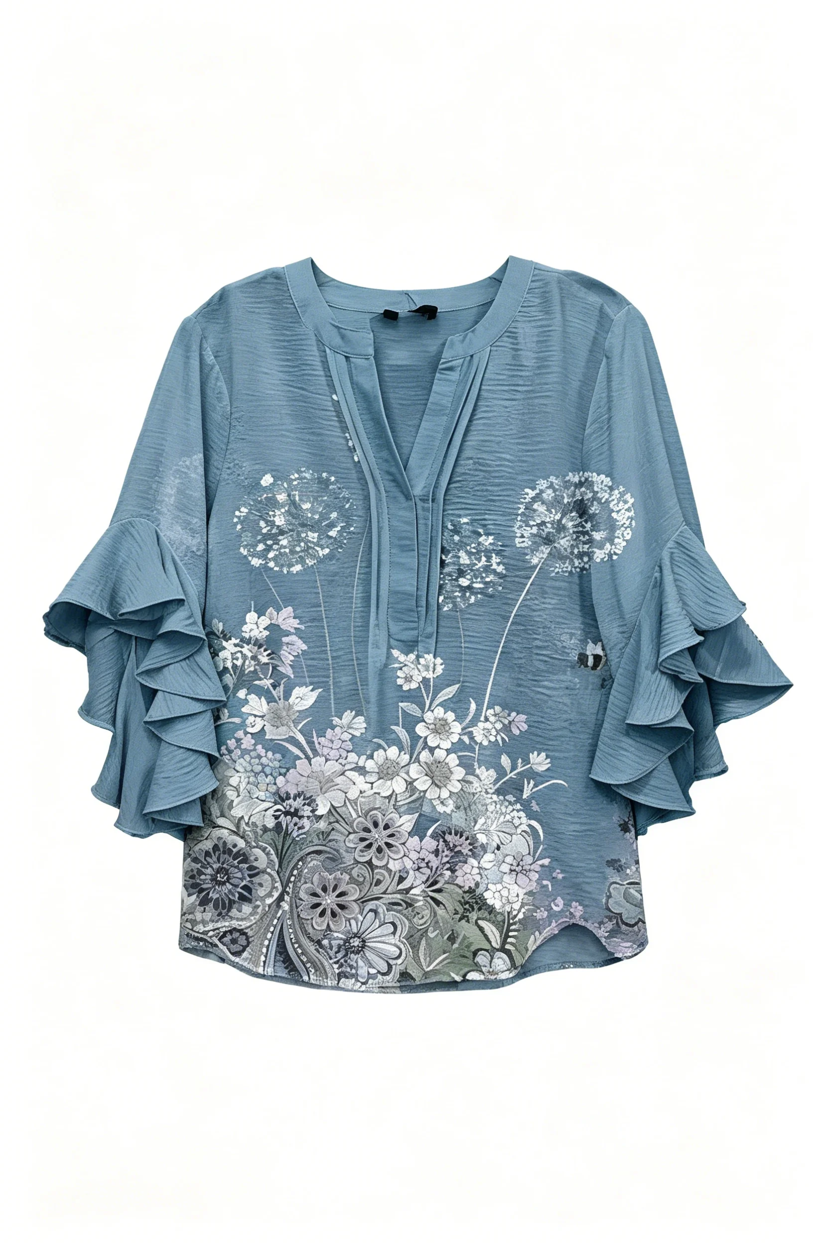 Women's Slate Blue Dandelion Floral Print Ruffle Sleeve Blouse, Casual Tops for Spring Summer Daily Streetwear Elegant Occasions