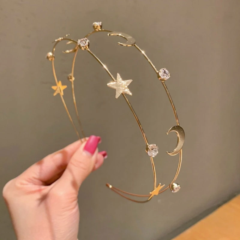 M2EA  Hairband with  Moon Star Decor Thin Side Shinning Multi Layered Headband for Girls Wedding Party