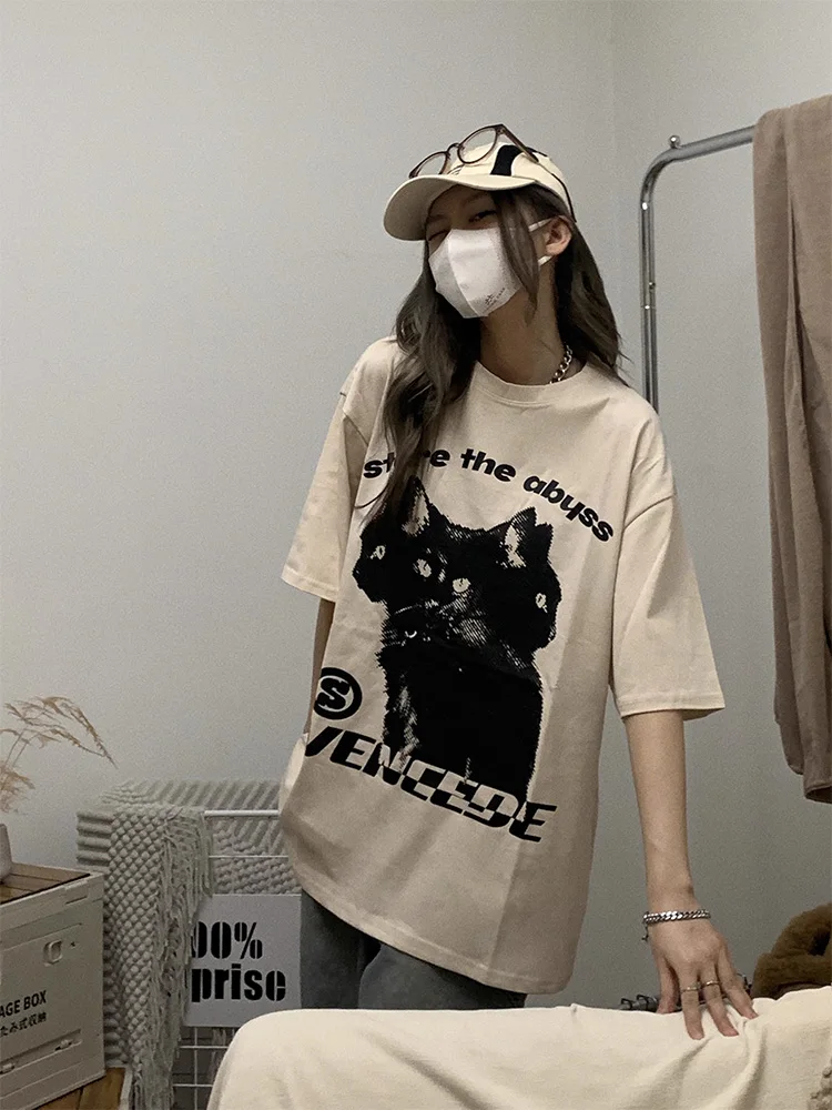 Men T-Shirt Oversized Streetwear Hydra Cat Graphic Cotton Hip Hop Y2k Tops Short Sleeve Tees Korean Fashion Aesthetic Clothing