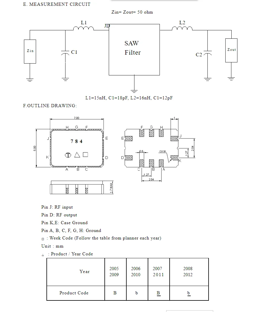 （1PCS）  TB0784A  code 784 brand new genuine   425 MHz(BW=0.5MHz)  packaged SMD  SAW Filter  in stock