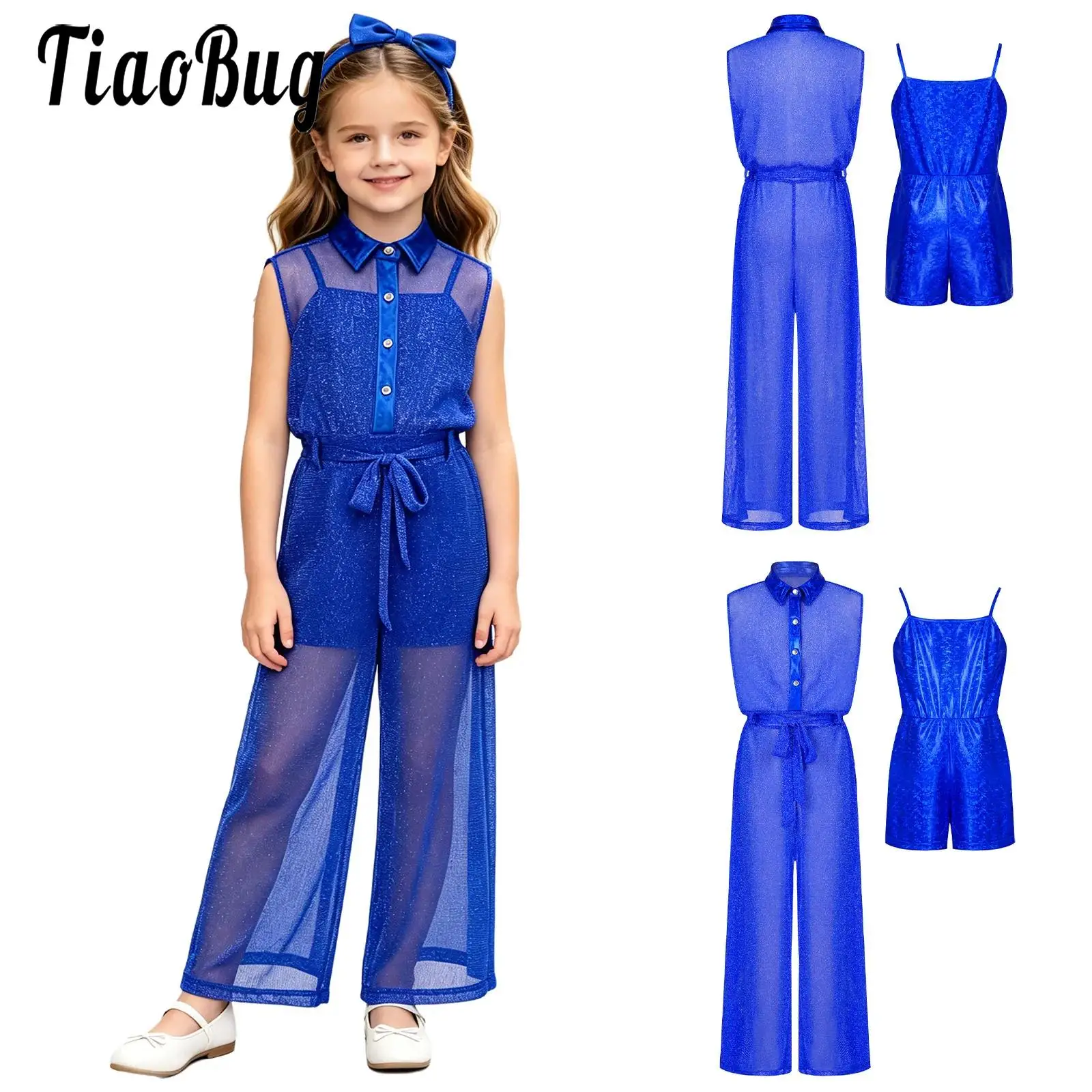 Kids Girls Shimmery Dance 2-piece Outfit Disco Jazz Performance Costume Sleeveless Metallic Bodysuit with Mesh Wide Leg Jumpsuit