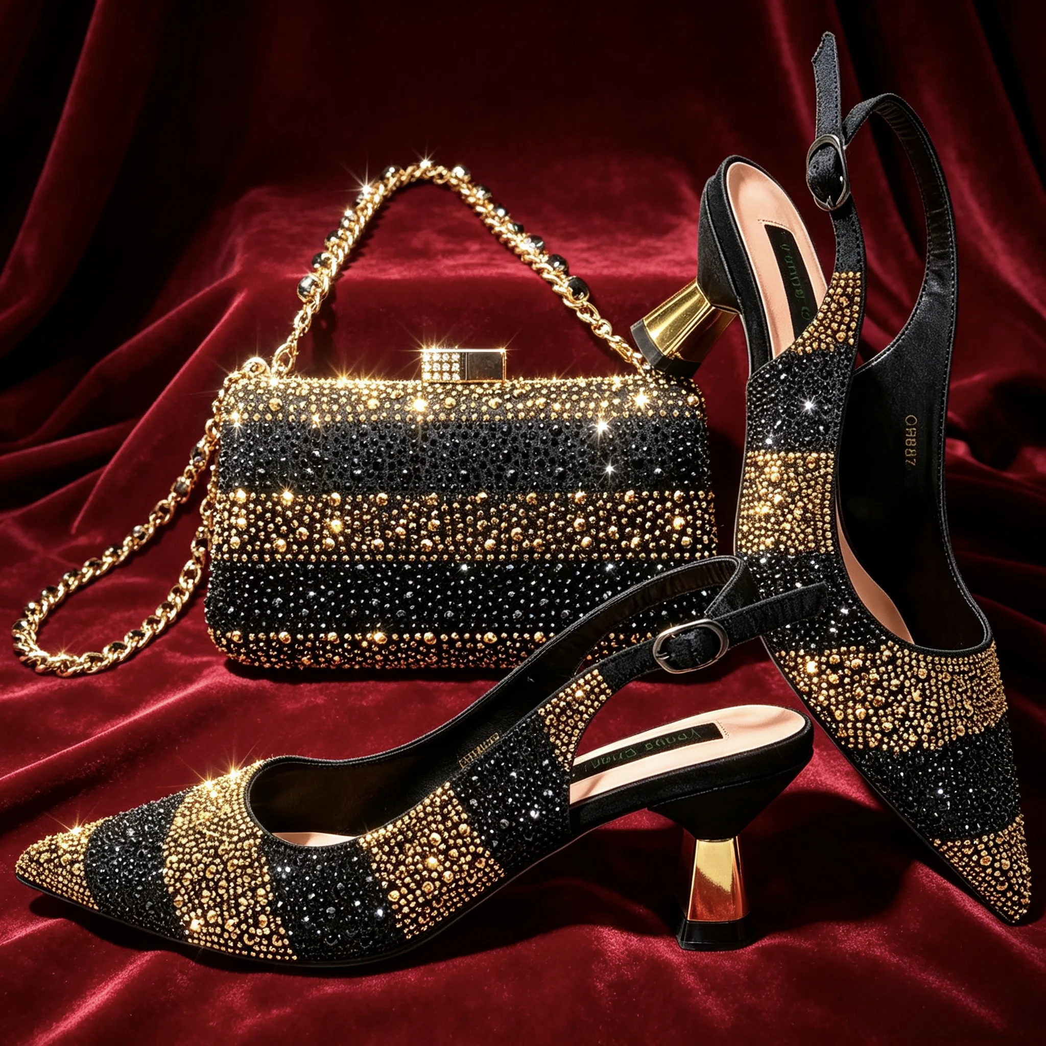 Black Gold Rhinestone Pointed Toe Mid Heels Women Party Wedding Slingback Shoes Matching Crystal Evening Clutch Bag Shoes Set