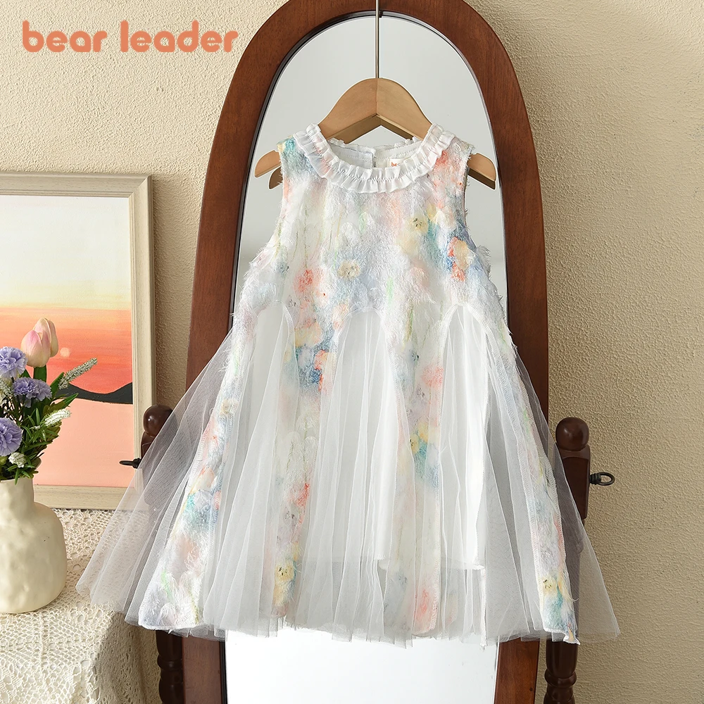 Bear Leader Koreanische Version Mädchen-Prinzessinnenkleid Sommer Neues Ärmelloses Gerüschtes Mesh A-Linien-Kleid für Mädchen Partykleider Kinderkleidung