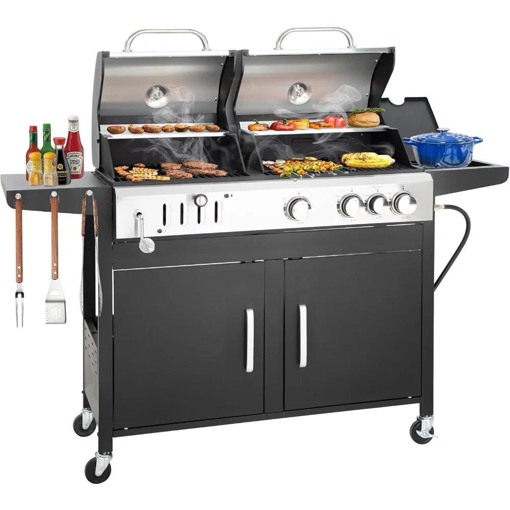 3 Burner Propane Gas and Charcoal Grill Combo with Side Burner & Porcelain-Enameled Cast Iron Grates, 37,000 BTU Dual Fuel Grill