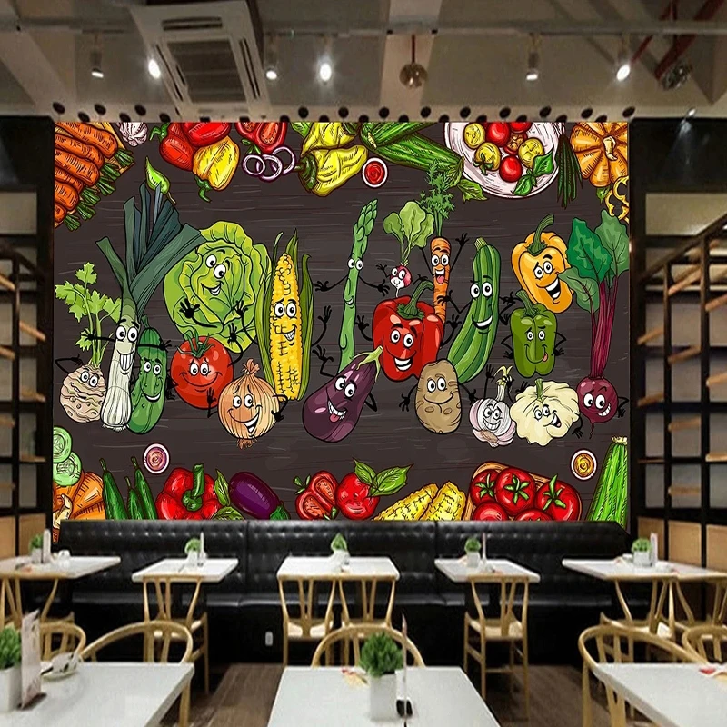 Custom Size Mural Wallpaper Cartoon Organic Vegetables Fruits Poster Kitchen Restaurant Background Wall Decor Papel De Parede 3D