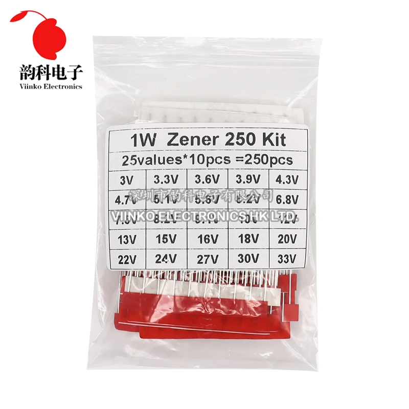 250pcs  1W Zener Diode Assorted Kit DO-41 3V-33V 25Values Each 10pcs DIY Sample Assortment Set New