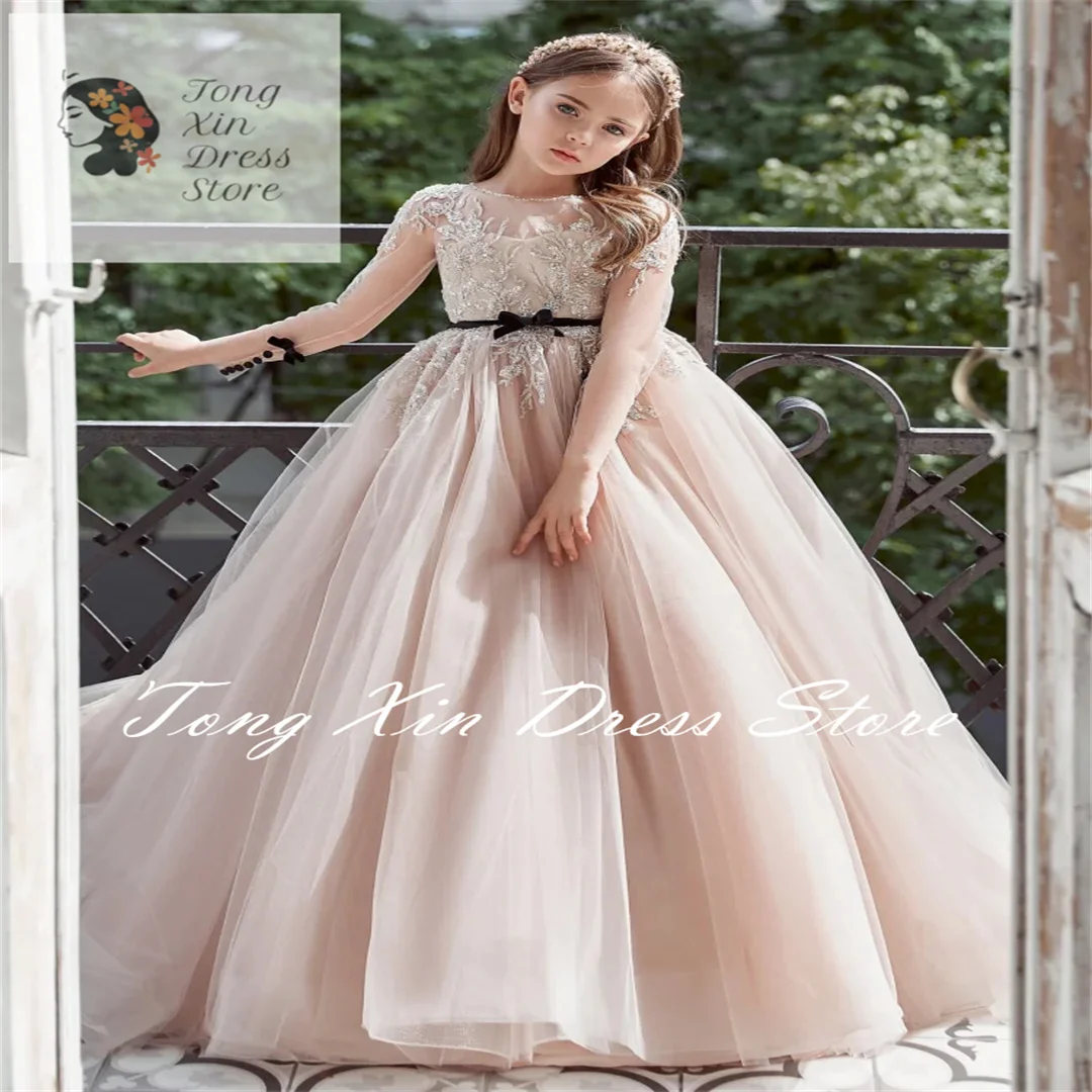 

Pink Flower Girl Dresses Tulle Puffy Appliques Sequin With Black Belt Long Sleeve For Wedding Birthday Banqurt Princess Gowns