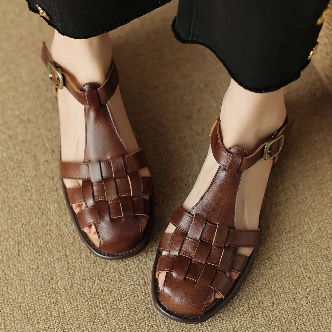 

Женские сандалии на плоской подошве из коровьей кожи с узким ремешком и плетеным Т-образным ремешком, летние повседневные женские сандалии-гладиаторы в римском стиле, женская обувь