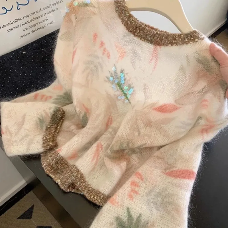 

Women Clothes Spring Autumn Fashion Loose Korean Printing O-neck Knitting Female Trend Bright Silk Soft Sweater Pullovers Tops