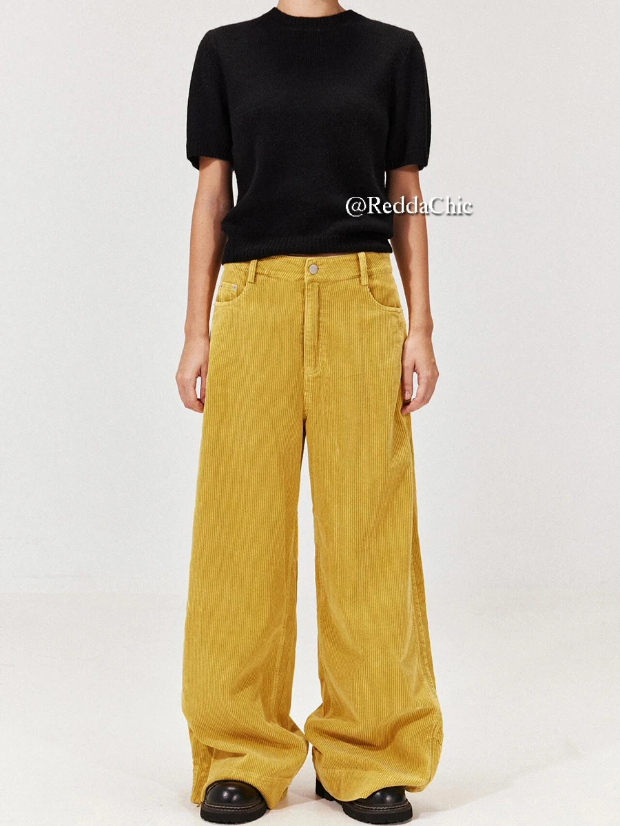 REDDACHiC Warm Fleece Lined Corduroy Yellow Pants Women Casual Solid Split Zipper Wide Leg High Waist Trousers Vintage Clothes