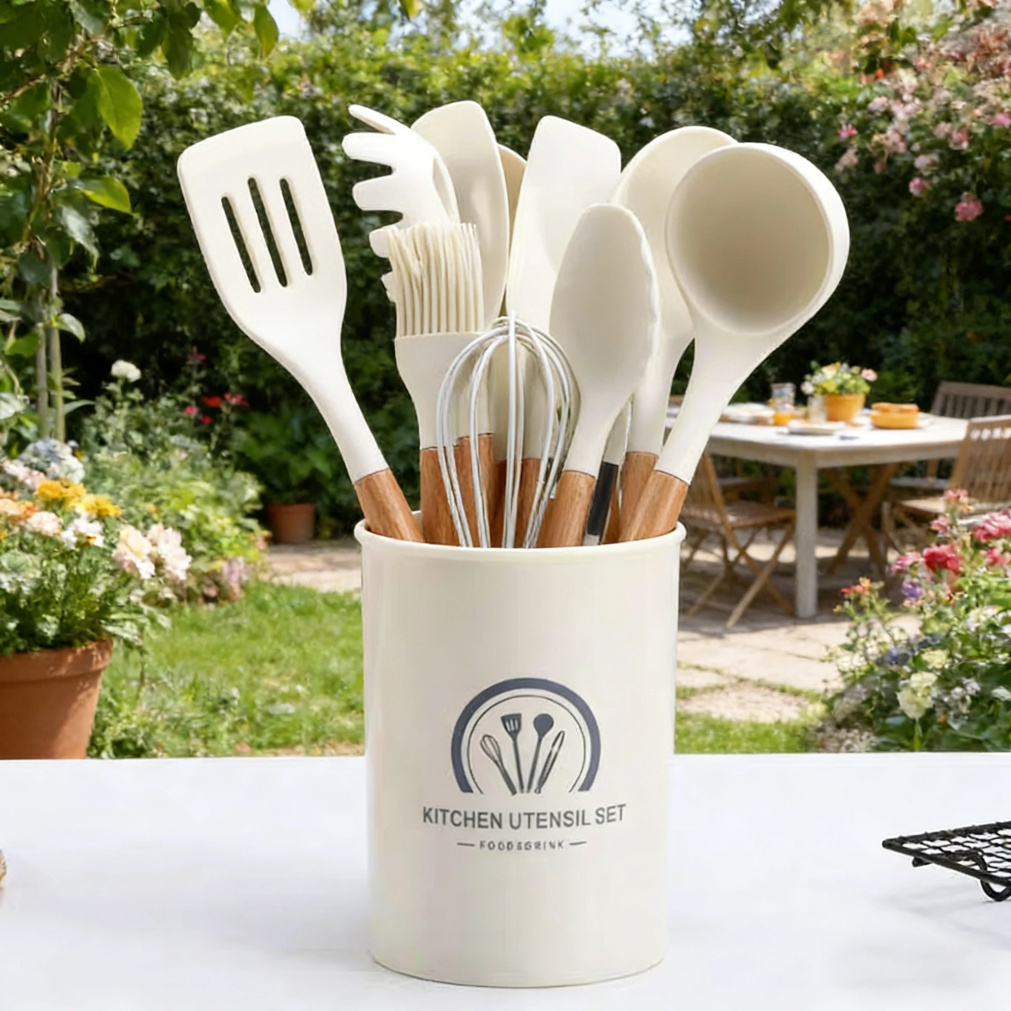 Silicone Kitchen Utensil Set 12 Pcs, Non-Stick Cooking Utensils with Wooden Handles, Heat Resistant Kitchen Tools Including Spatula, Spoon, Whisk, Tongs & Brush, Ideal for Baking, Frying & Stirring, Perfect for Home Chefs and Daily Use