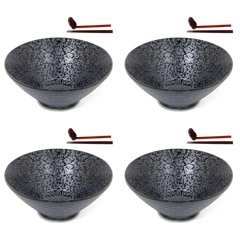 

4X Ceramic Japanese Ramen Soup Bowl With Matching Spoon And Chopsticks, Suitable For Udon, Soba, Large Size