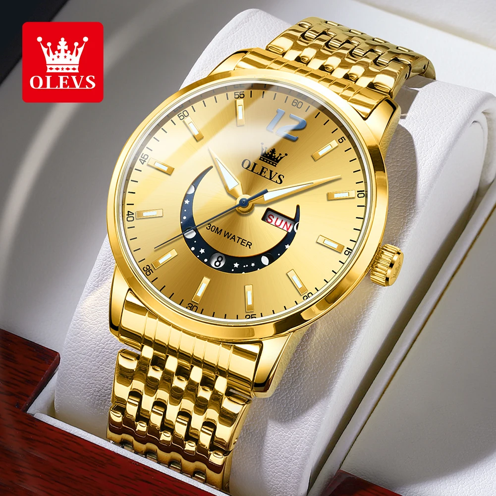 OLEVS Top Brand Original Men's Watches Waterproof Stainless Steel Luminous Hands Week Date Display Daily Fashion Dress Crescent