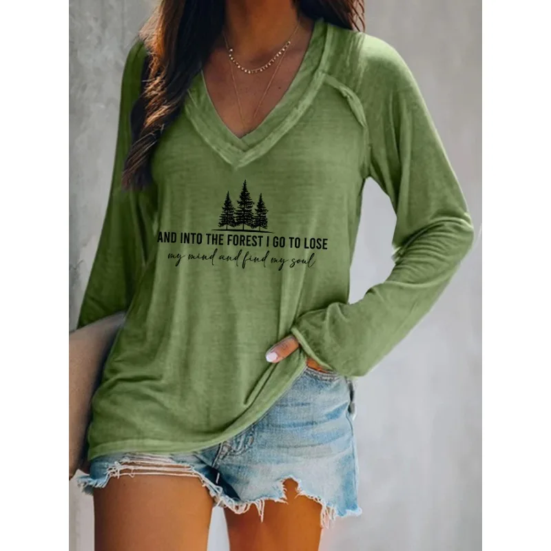 ilstile Damen-T-Shirts mit Hiking Society-Aufdruck, lässige Langarm-Tops mit V-Ausschnitt, Weiß, Schwarz, Blau, Grün, T-Shirt, Neu eingetroffen