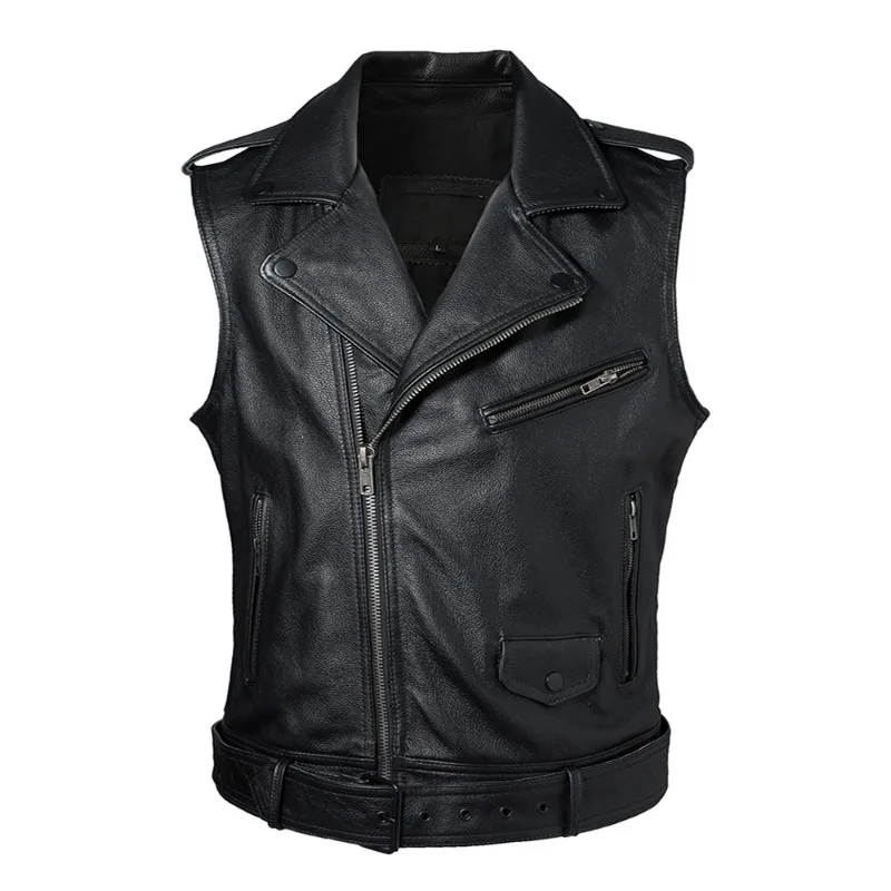 

2023 New Classical Motorcycle Cowhide Leather Vest Men Oblique Zipper Slim Motor Biker Vests Genuine Leather Sleeveless Jackets