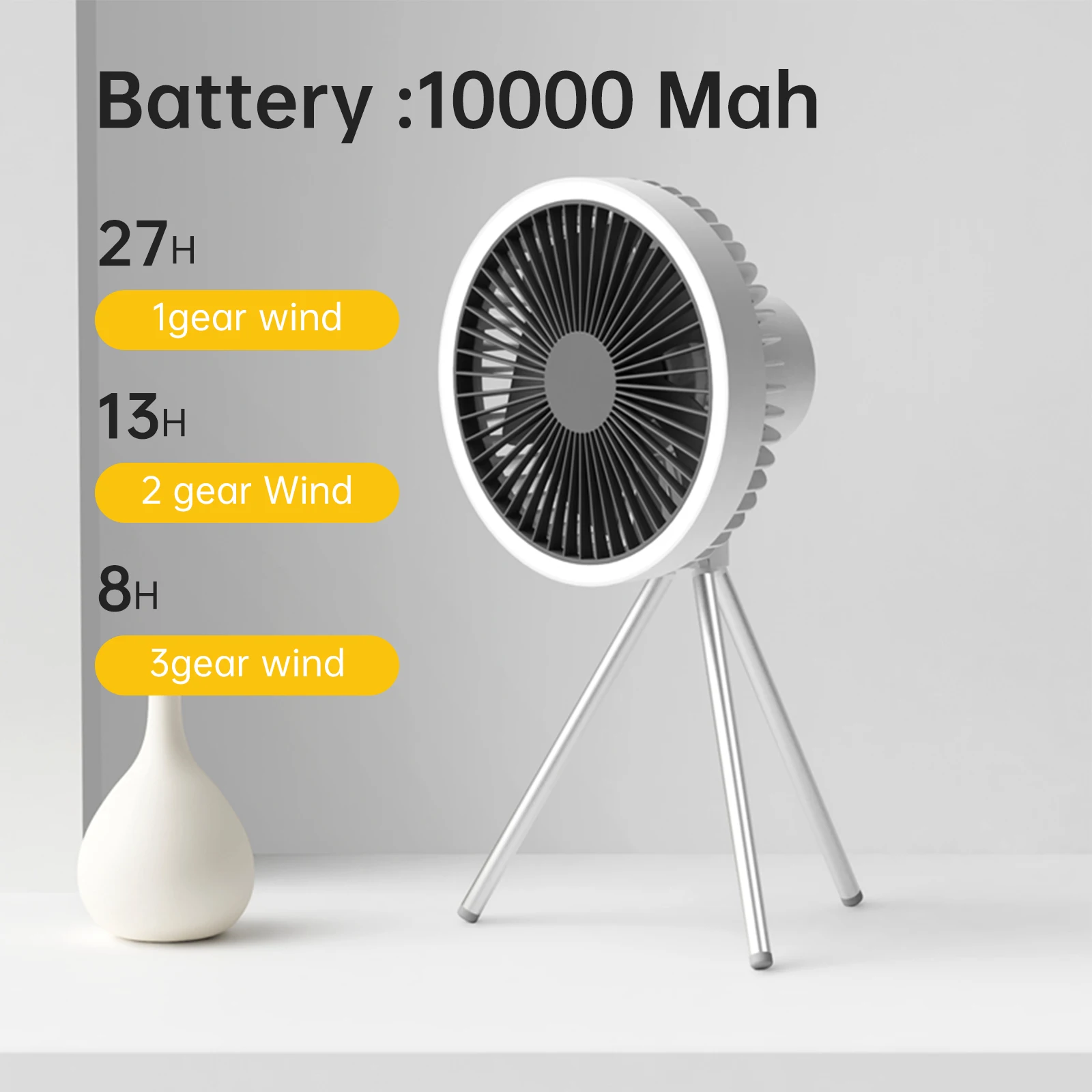 Vissko-ventilador eléctrico con trípode para acampar, Mini ventilador portátil recargable para habitación, USB, mesa al aire libre, ventilador de techo, soporte de luz Led, 10000mAh