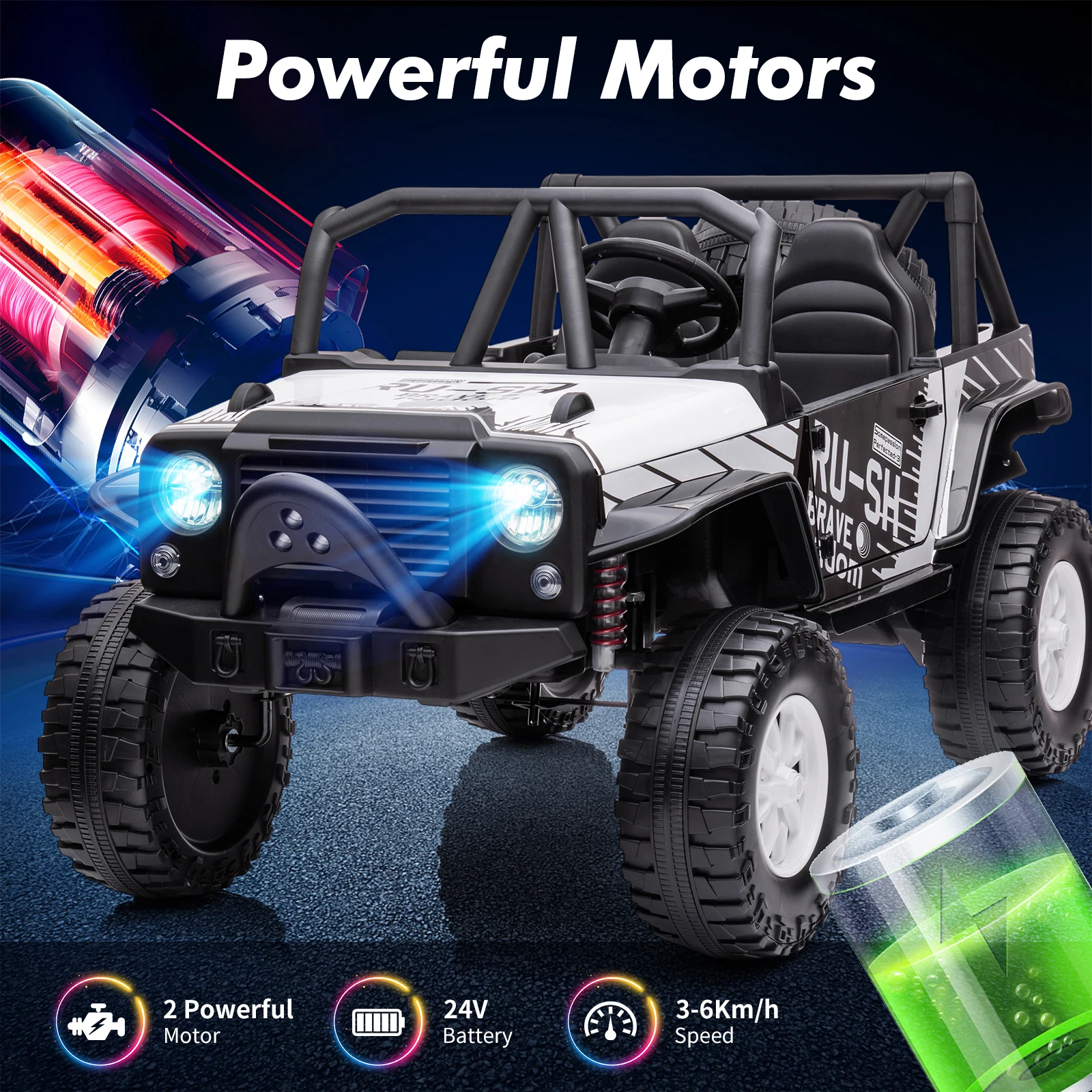Jouets de tour 24V, Jeep pour enfants 2 places avec lumières LED, siège Extra large de 19 pouces, 2 moteurs, Suspension à ressort à 4 roues, voiture électrique