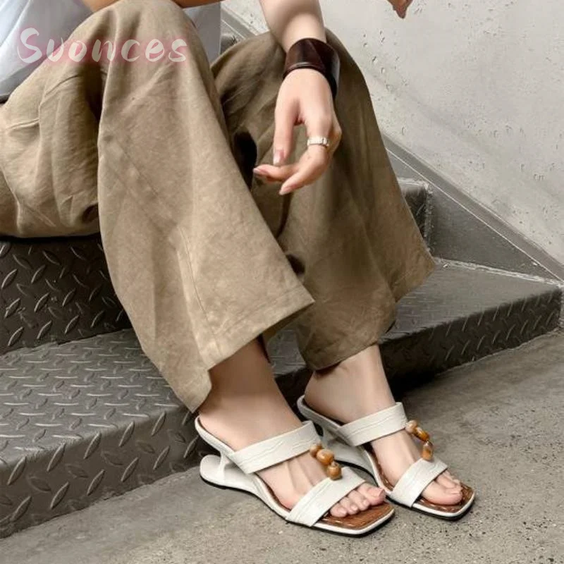 Square Open Toe Slide Mules Embossed Leather Twin Wide Straps Irregular Natural Stone Bead Unique Hollow Sculpted Curve Stiletto